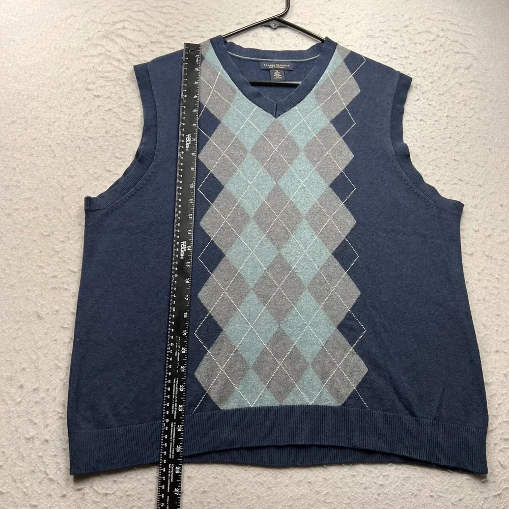 Banana Republic Mens XL Silk Cashmere Argyle V-Neck Sweater Vest Navy Blue 2521